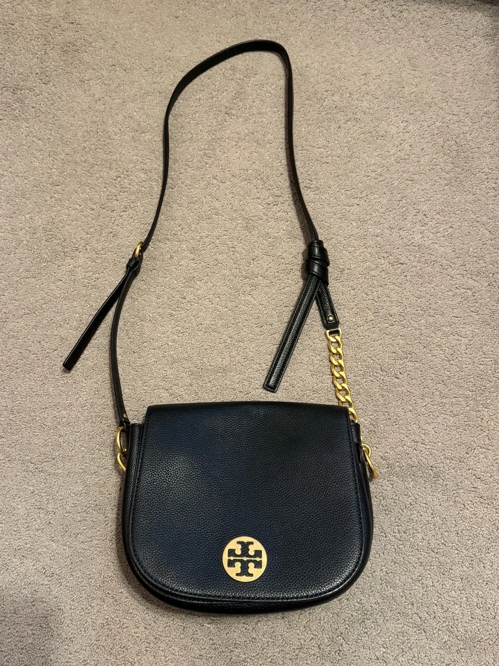 Tory Burch Black Leather Crossbody with Gold Logo Medallion